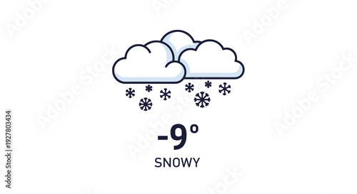 Winter weather forecast icon shows thick white clouds and falling snowflakes with temperature reading of minus nine degrees celsius.