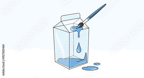 Creative art concept shows paintbrush applying blue paint to transparent milk carton for unique home decor or artistic project ideas.