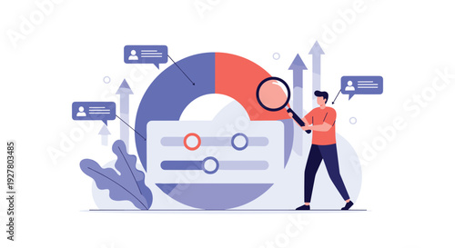 Professional male character uses magnifying glass to analyze data on a large circular chart with notification bubbles in office.