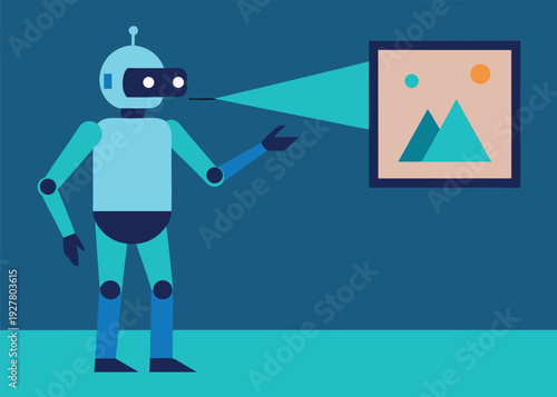 A futuristic AI robot tour guide with a visor projects a blue light onto a framed abstract painting in a dark art gallery.