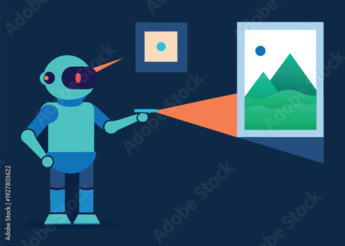 A futuristic AI robot tour guide with goggles projects an orange light onto a framed abstract painting in a dark art gallery.