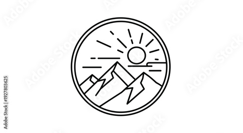 Circular emblem containing minimalist line art drawing of mountain peaks and a rising sun for travel and adventure brand identity.