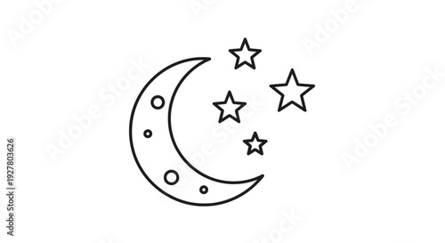 Minimalist line art icon of a crescent moon surrounded by four stars representing night time and clear evening skies in nature.