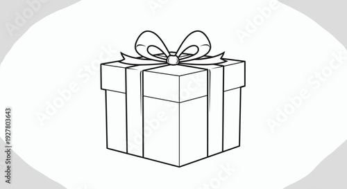 Hand drawn gift box with a large ribbon bow in a simple outline style perfect for holiday celebrations and birthday surprise icons.