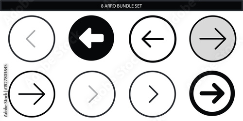 Arrow icon set. Includes 8 arrow icons. Created in simple line style with black and white color palette.
