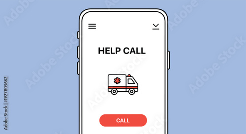 Smartphone interface displaying an emergency help call screen with an ambulance icon and a large red call button for safety apps.
