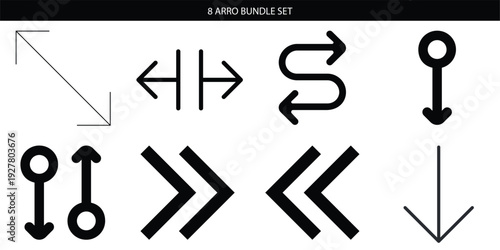 Arrow icon set. Includes 8 arrows, direction symbols. Created in simple style with black and gray palette.