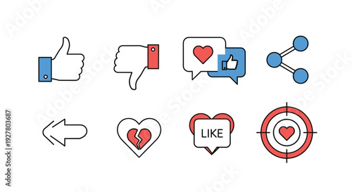 Collection of social media interaction icons including like dislike heart share and target symbols in a simple colored outline style.