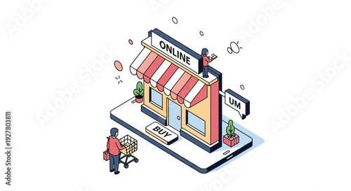 Isometric illustration of a retail store building placed on a large tablet screen for mobile shopping and ecommerce technology theme.
