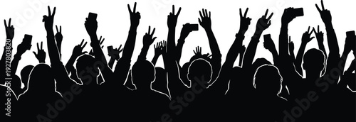 Crowd Silhouette with Raised Hands and Smartphones Cheering Audience at Concert or Event Isolated on White Background