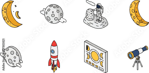 Space exploration elements illustration vector set with rocket moon and telescope