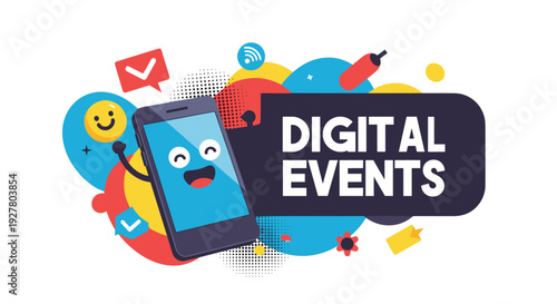 Happy smartphone character surrounded by colorful icons for social media emails and digital events in a fun creative vector style.