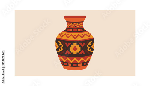 Vibrant clay vase with traditional geometric patterns on beige background