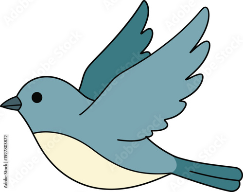 A stylized cartoon blue bird with light yellow belly and wings outstretched in flight against a white