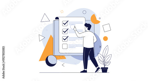 Young man character checks off items on a large clipboard list surrounded by abstract geometric shapes and a potted plant element.
