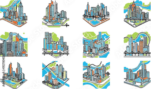 Urban cityscape illustrations set buildings parks rivers vector art