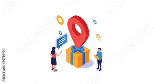 Isometric business concept featuring a large gift box with a red location pin and people interacting for delivery and logistics services.