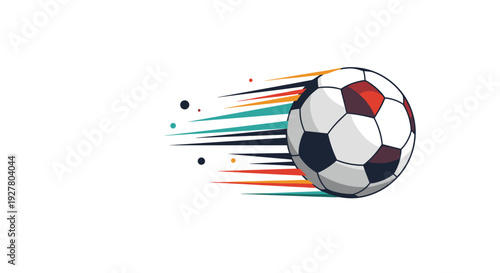Dynamic illustration of a soccer ball in motion with colorful speed lines representing fast paced sports action and athletic performance.