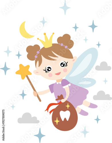 Adorable Little Tooth Fairy Flying Through The Night Sky