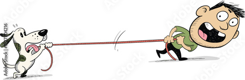 Funny cartoon dog pulling frightened man by leash, humorous role reversal pet walking concept illustration isolated on white background