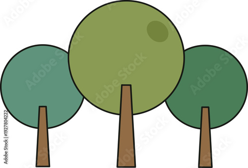 Three stylized trees with round green and teal foliage and brown trunks on a white background