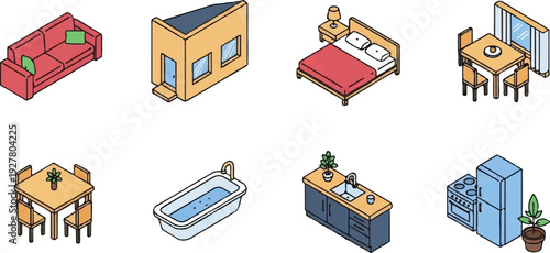 Isometric interior design elements illustration various rooms and furnishings
