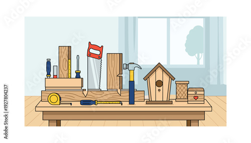 Variety of tools and materials for DIY woodworking projects on a workbench