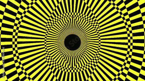 Seamless loop of a black and yellow hypnotic radial pattern rotating and pulsing with an optical illusion effect 4k
