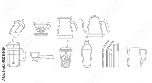 Coffee brewing and drink preparation tools with reusable straws vector illustration.