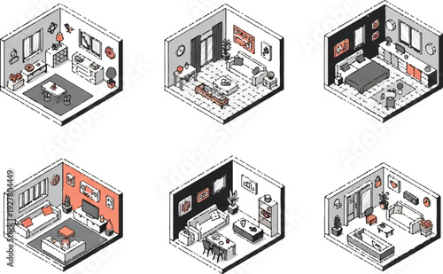 Isometric room interiors set illustration furniture design and decoration