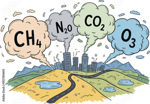 Cartoon illustration of greenhouse gases CH4 N2O CO2 O3 over polluted city, climate change and global warming concept isolated on white background