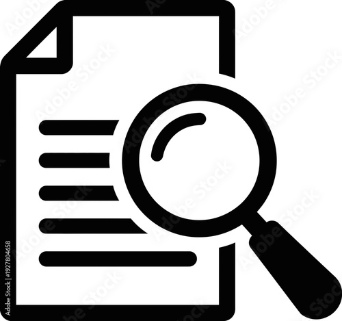 Black icon of document with magnifying glass