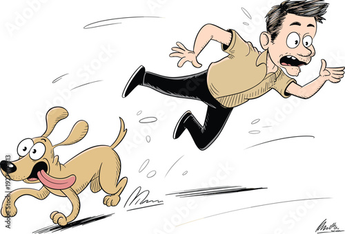 Funny cartoon man chasing running dog, humorous playful pet escape illustration with dynamic motion isolated on white background