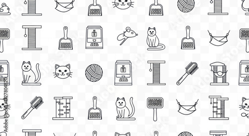 Seamless Pattern of Minimalist Cat Care Line Icons