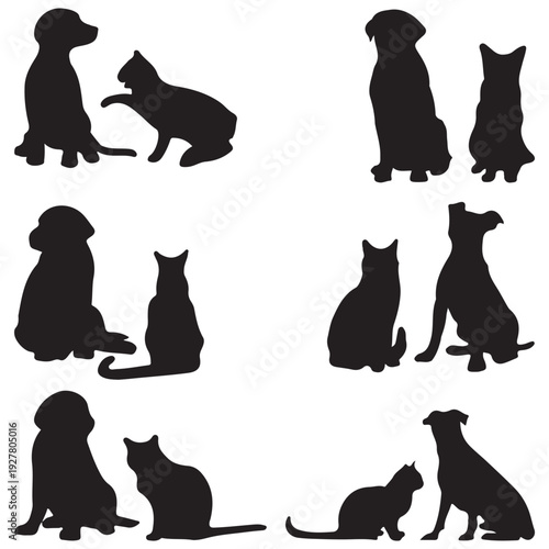 Collection of Cat and Dog Interaction Silhouettes Vector Set
