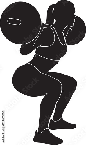 Silhouette of a strong woman performing a barbell back squat exercise in a gym setting.
