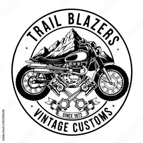 Vintage Customs Motorcycle Logo with Mountain Landscape.