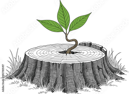 Green sapling growing from tree stump symbolizing renewal and environmental regeneration isolated on white background illustration