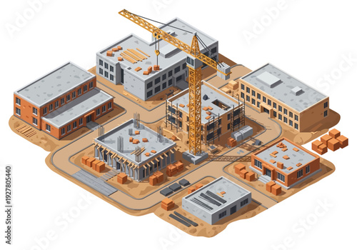 Construction site with buildings under development and a large crane at an industrial complex