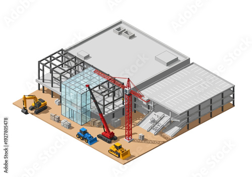 Isometric illustration of a modern building under construction, showcasing heavy machinery and architectural framework