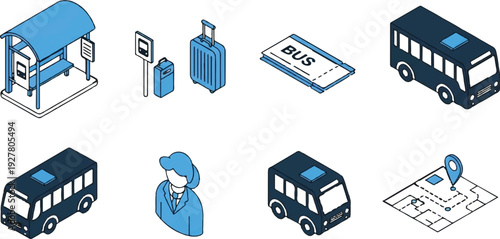 Isometric illustration of public transportation elements and bus travel