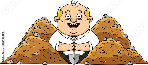 Happy cartoon digger holding shovel surrounded by dirt piles isolated on white background illustration