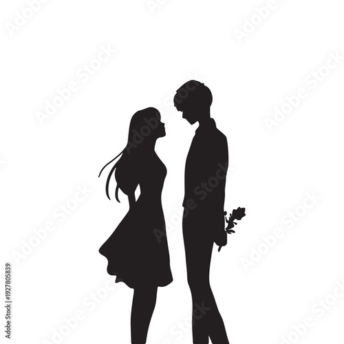 Romantic Surprise Couple Silhouette with Flower Vector