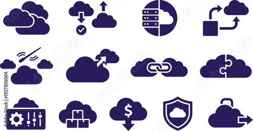 Cloud computing icon set. Includes cloud storage, data security, network, and server symbols. Created in flat style with purple color.