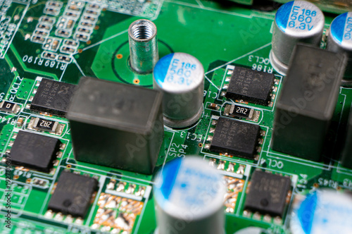 Close-up of a part of an electronic circuit board with electronic components