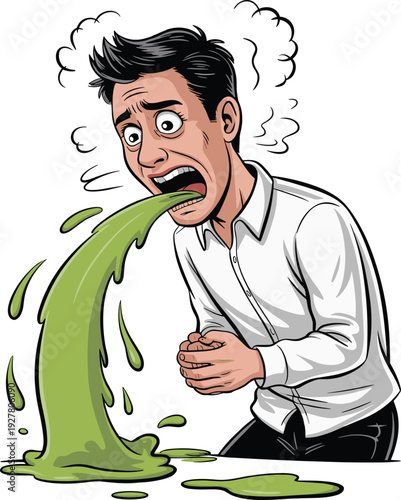 Ill man vomiting green fluid with severe nausea and stomach cramps isolated on white background medical cartoon illustration