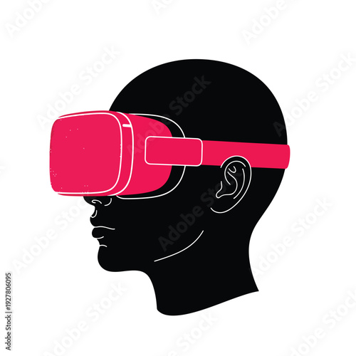 Side profile illustration of an individual experiencing an immersive virtual reality world