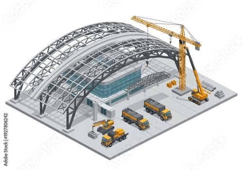 Isometric illustration of a construction site featuring a large arched building under construction, with cranes, excavators, and tanker trucks