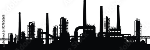 Industrial factory plant silhouette with oil refinery towers and pipelines, detailed manufacturing skyline isolated on white background