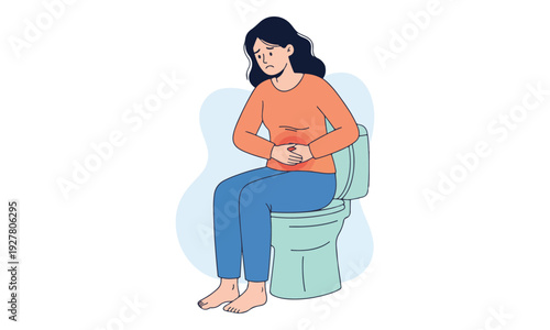 Woman experiencing severe abdominal pain sitting on a toilet